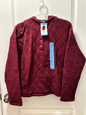 Lands End Quilted Pullover Hoodie Pockets Burgundy Size Large